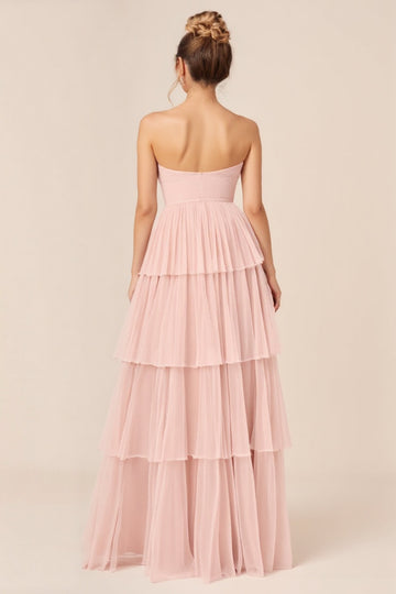Candy Pink Strapless Tiered Ruffled Long Bridesmaid Dress